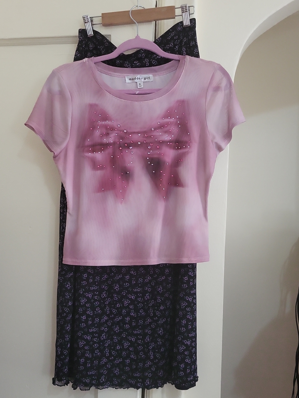 Pink Sheer Bow Tee with Rhinestones With Skirt
